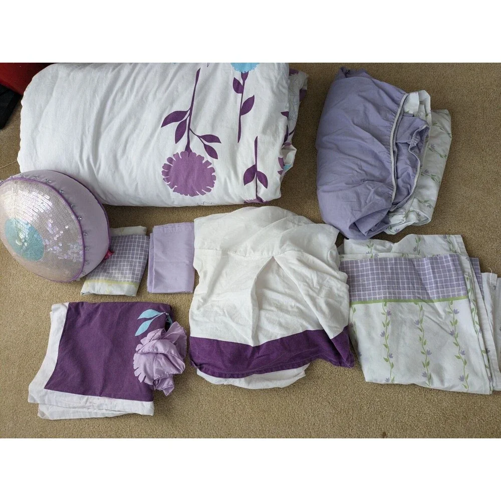 Twin Girl Bed in Bag 9 pcs. Quality Purple White Sheets Cushion Pillow Sham VTG